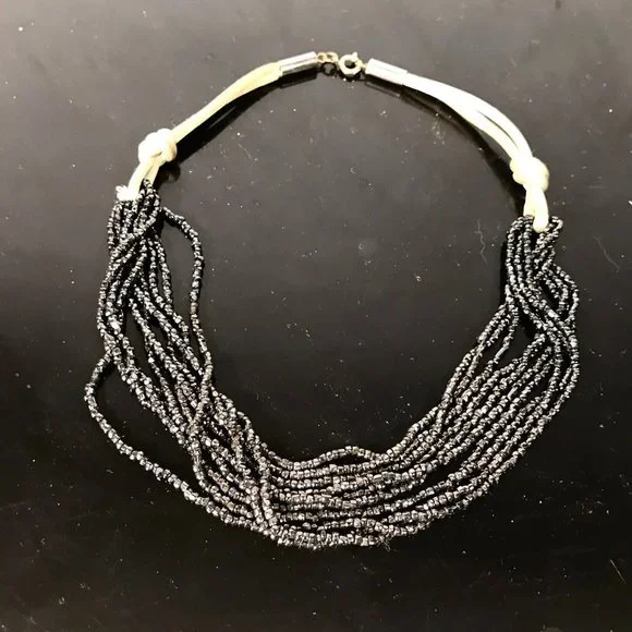 Vintage Silk Hematite Choker Beaded Necklace 9 Strand  Formal Evening - Picture 4 of 5